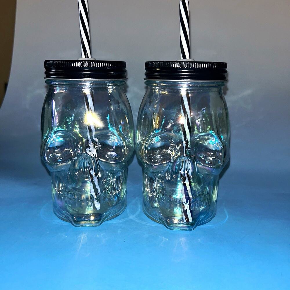 Skull Clear Glass Mason Drinking Jars Set of 2, 16 oz, Lids & Straws